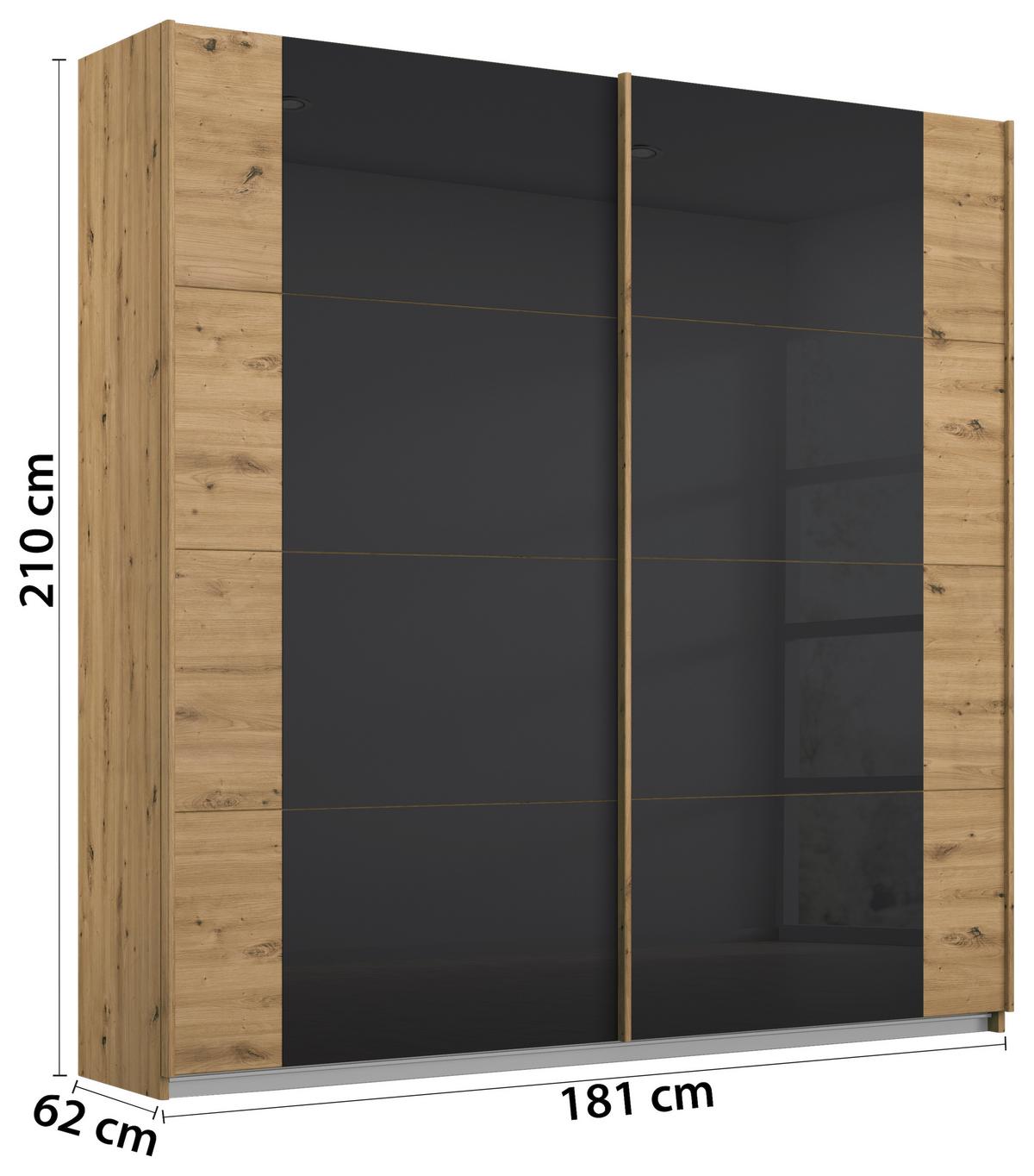 Schwebetürenschrank Artemis B: 181cm Anthrazit/Eiche Dekor - Anthrazit/Eiche Artisan, MODERN, Glas/Holzwerkstoff (181/210/62cm) - Rauch Möbel