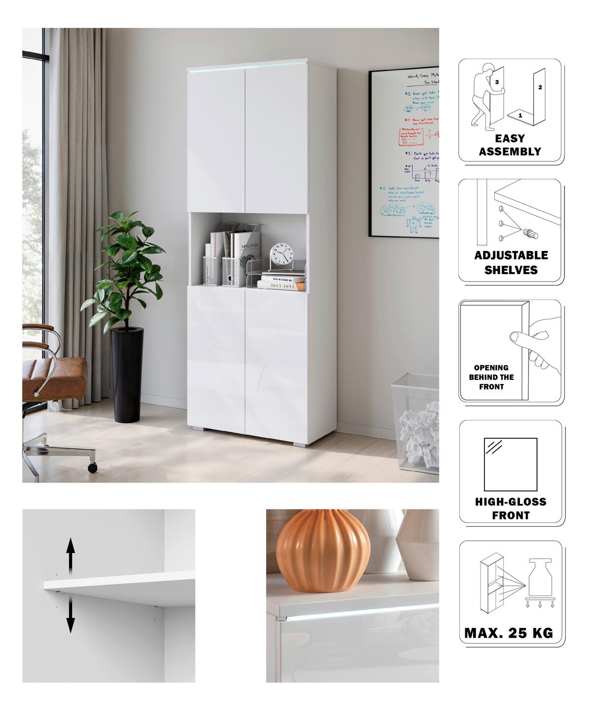 Aktenschrank Vera Weiß/Weiß Hg B: 68cm - Weiß Hochglanz/Weiß, Design, Holzwerkstoff (68/181,9/33cm) - Livetastic
