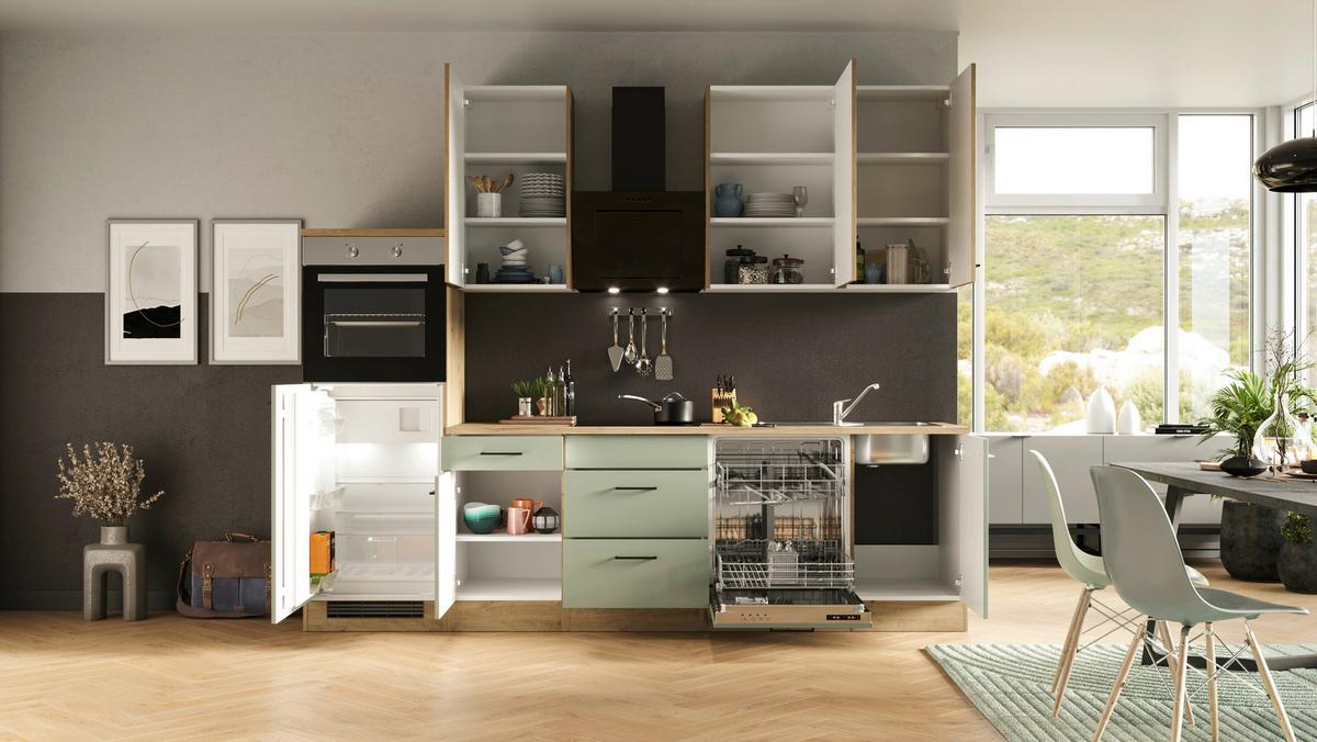 Kuchynský blok CARA bez spotrebičov, šírka 280 cm - čierna/zelená, Konventionell, kov/kompozitné drevo (280/234/60cm)