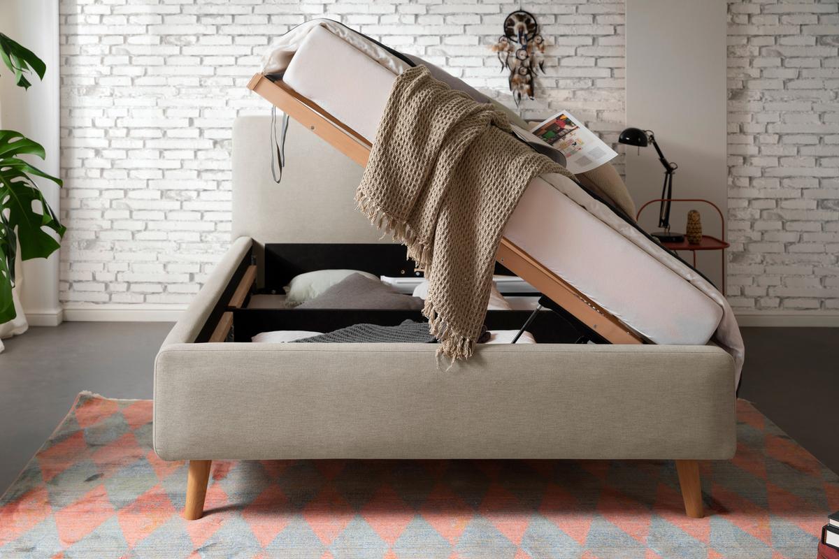 Polsterbett Mattis140x200cm Taupe, Inkl. Bettkasten - Taupe/Eichefarben, Design, Holz/Textil (140/200cm) - Livetastic