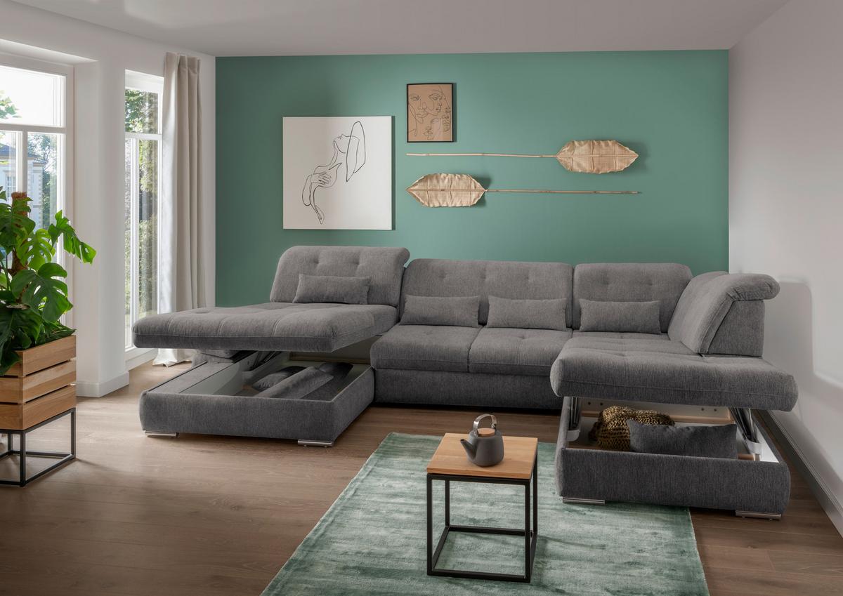 Wohnlandschaft Dalida Mit Schlaffunktion Braun/grau - Chromfarben/Braun, Design, Textil (195/376/254cm) - Livetastic