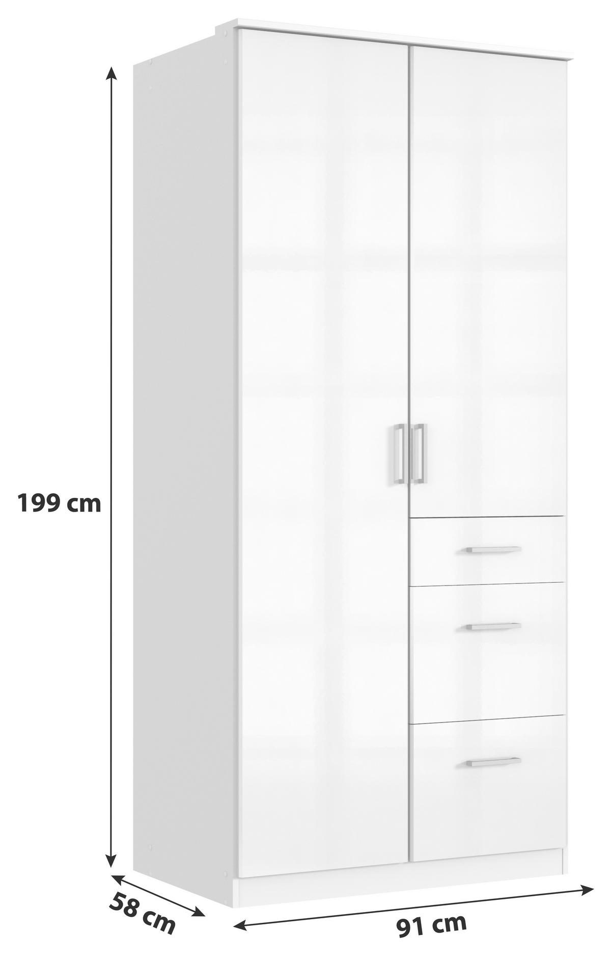Drehtürenschrank mit Laden B: 91 cm Clack, Weiß - Weiß Hochglanz/Weiß, Basics, Holzwerkstoff (91/199/58cm) - MID.YOU