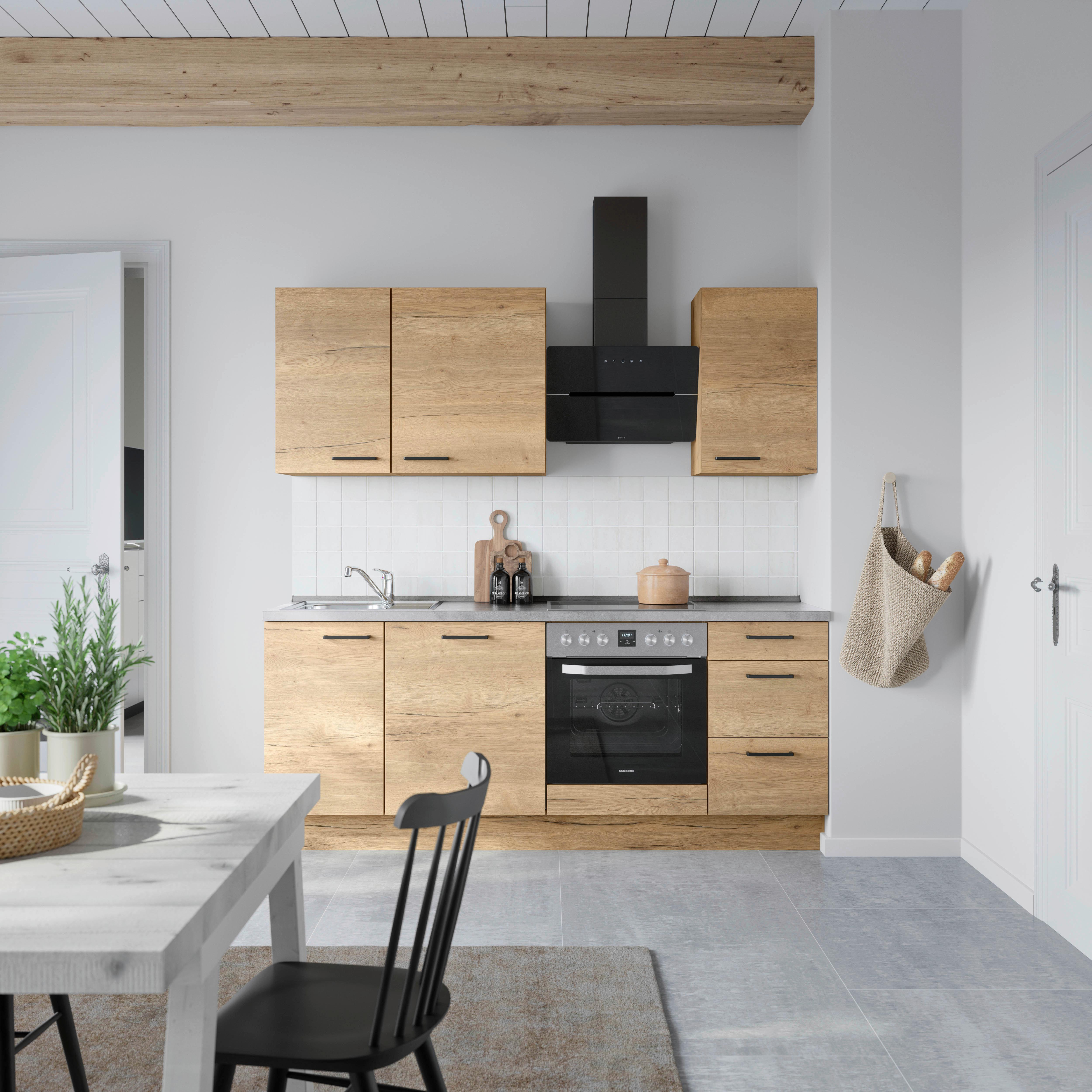 Kuchynská linka 210 cm, dub Sierra - čierna/farba duba, Modern, kov/kompozitné drevo (210cm) - Nobilia