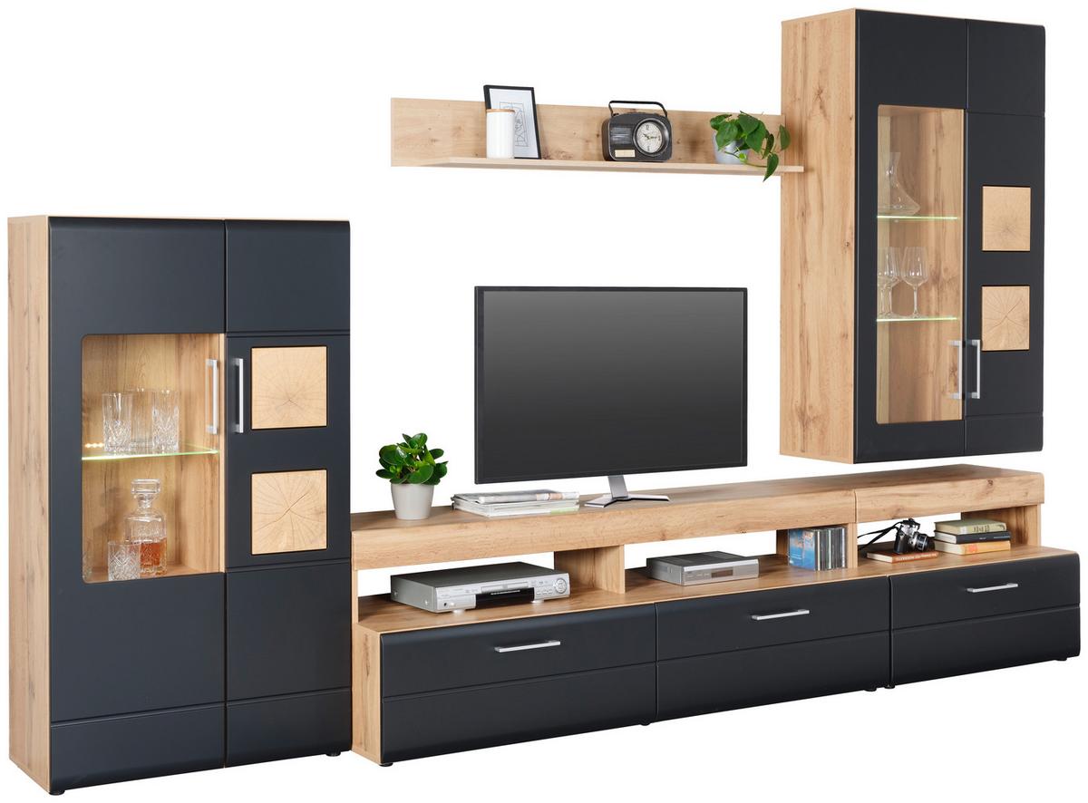 OBÝVACÍ STĚNA SONATE - černá/barvy dubu, Konvenční, kov/kompozitní dřevo (330/208/52cm) - Mömax
