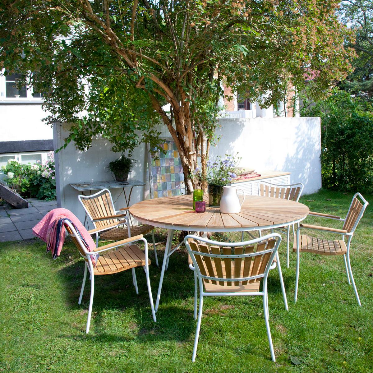 Gartentischgruppe Ellen 6tlg Metall/Holz, Natur/Weiß - Weiß Hochglanz/Teakfarben, Natur, Holz/Metall (180/180/78cm) - Gardenson