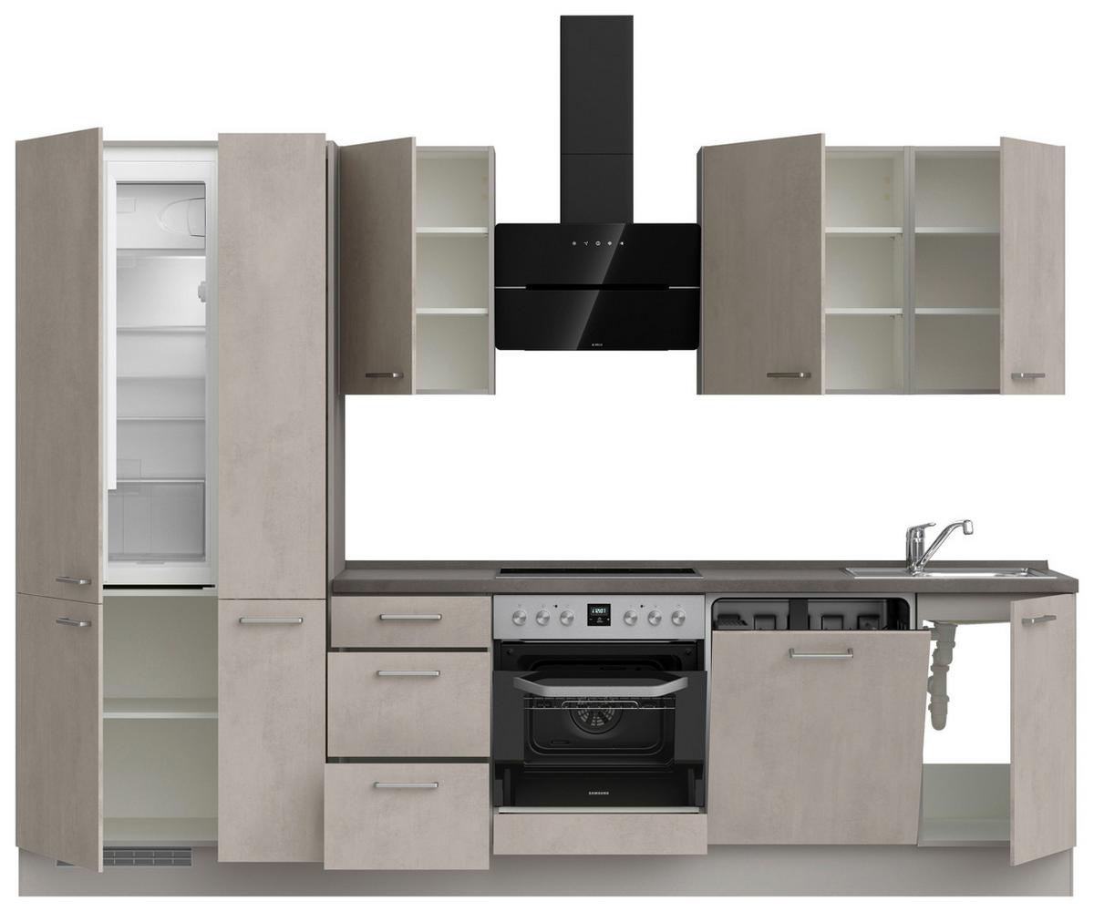 Kuchynská linka 300 cm, šedý betón/ kamenná šedá - sivá/farba ušľachtilej ocele, Modern, kov/kompozitné drevo (300cm) - Nobilia