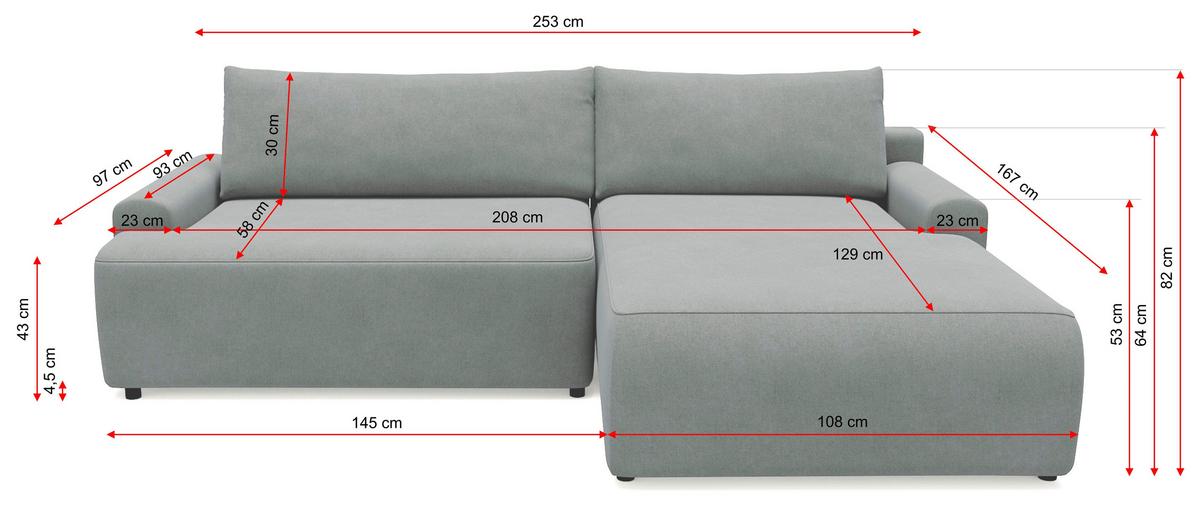 Eckschlafsofa Prag, Anthrazit S: 167x253 cm - Anthrazit/Schwarz, MODERN, Textil (167/253cm) - Trendmanufaktur