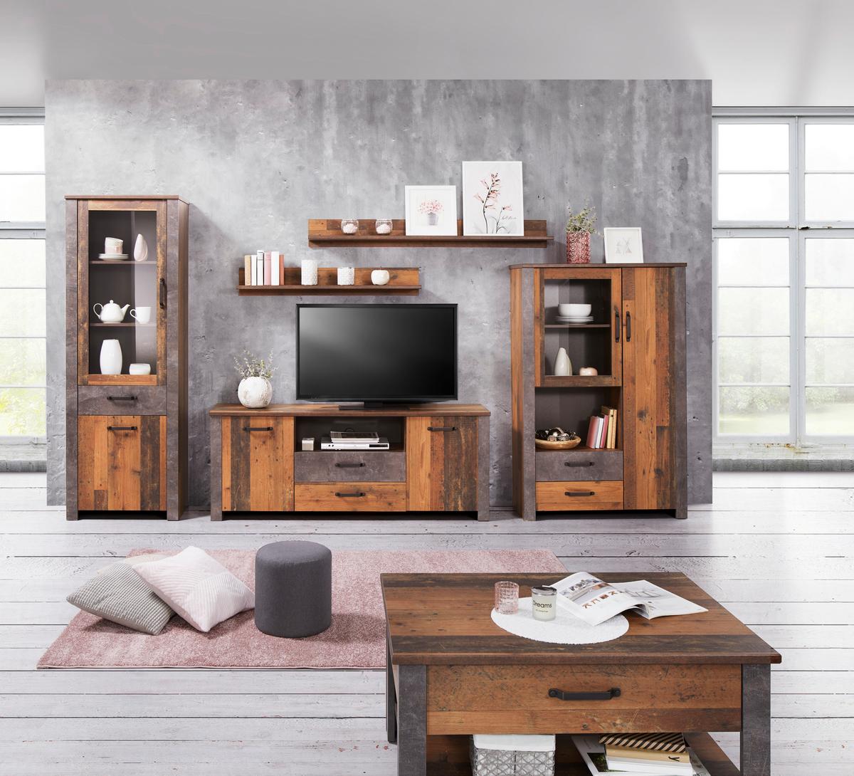 Wohnkombination 5 -teilig. Ontario, Old Style/betonoptik - Eichefarben/Dunkelgrau, Trend, Glas/Holzwerkstoff (352,4/200/41,5cm) - Ondega