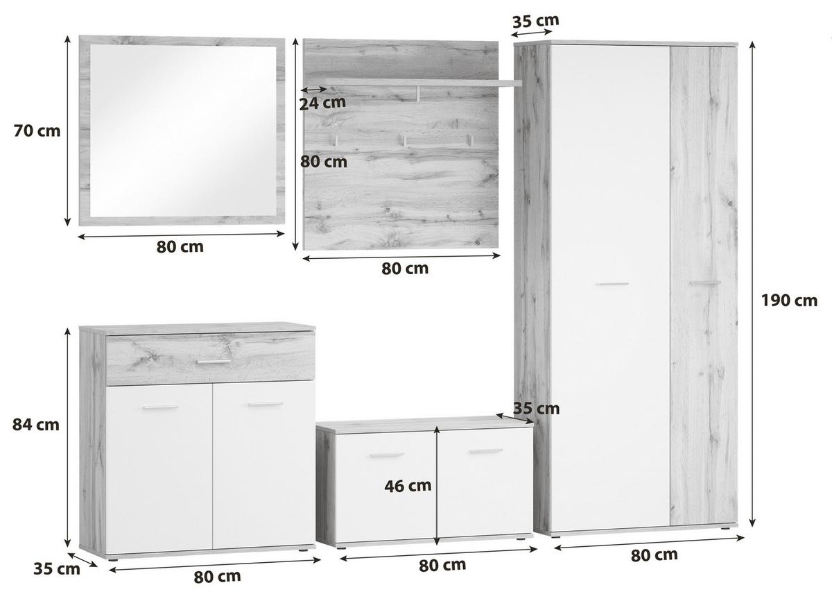 Garderobe Eva 5-teilig Weiß/Eiche Artisan B: 260 cm - Weiß/Eiche Artisan, Design, Holzwerkstoff (260/190/35cm) - MID.YOU