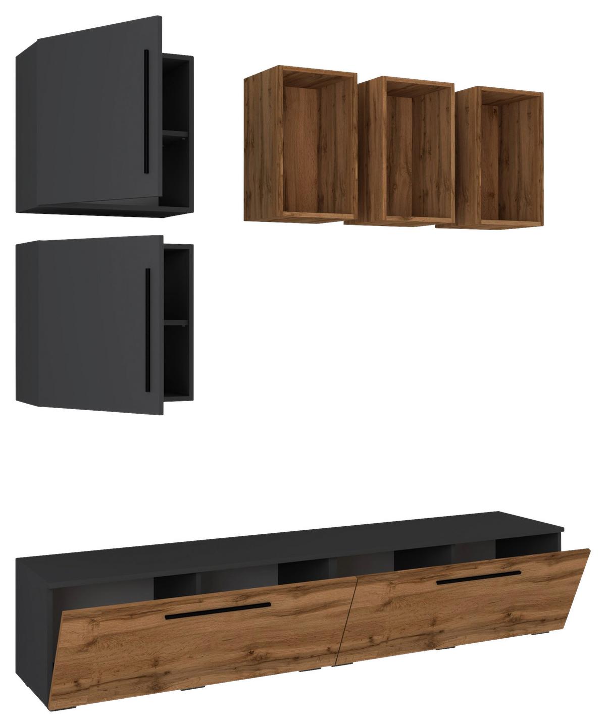 Obývacia stena Arila, 7- dielna, š: 190cm - čierna/farba duba, Modern, kompozitné drevo/plast (190/200/40cm) - MID.YOU