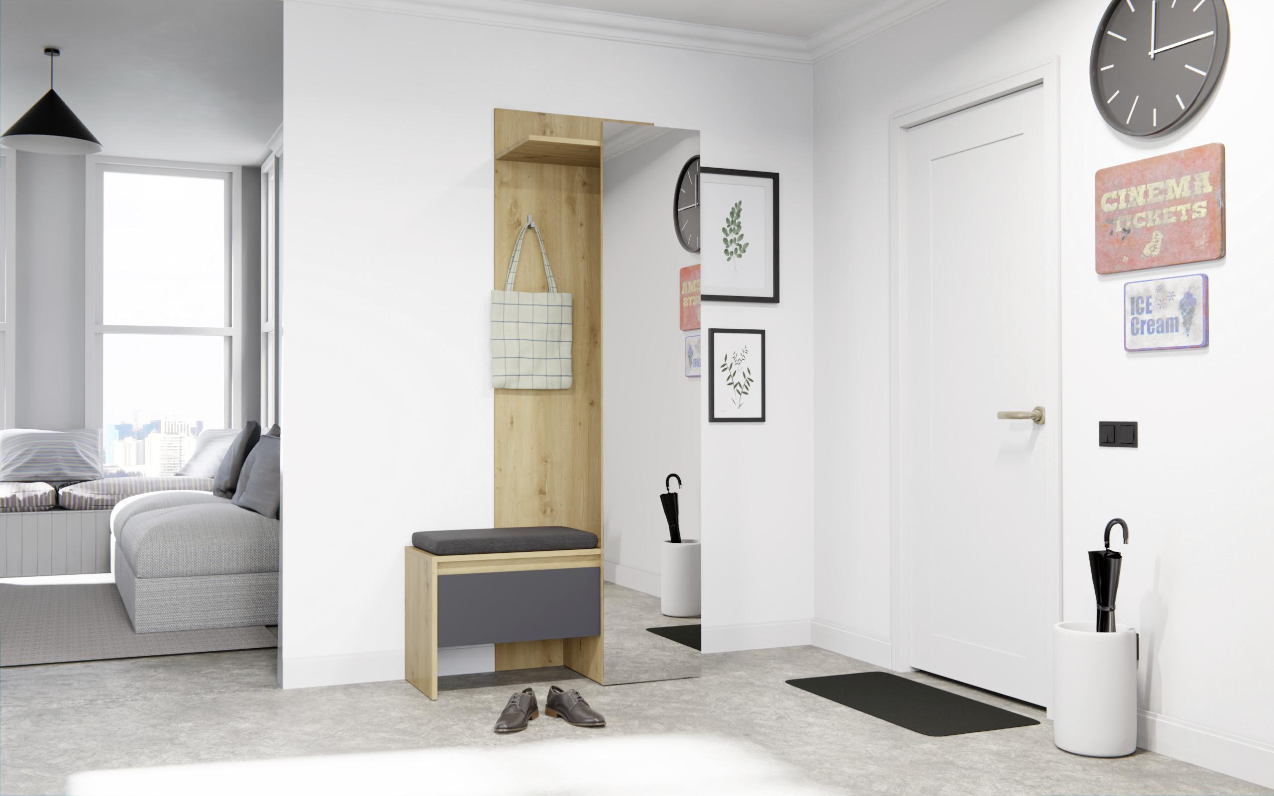 Garderobe Torino Grau/Eichef. Dekor B: 90 cm Mit Spiegel - Eiche Artisan/Grau, MODERN, Glas/Holzwerkstoff (90/180/39cm) - MID.YOU