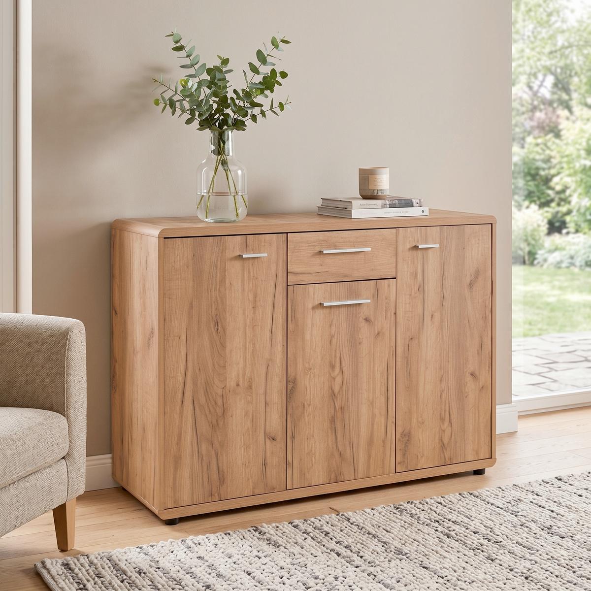 Kommode mit Türdämpfer B 132cm Fontana, Kraft Eiche Dekor - Eichefarben/Schwarz, MODERN, Holzwerkstoff (132/87/40cm)
