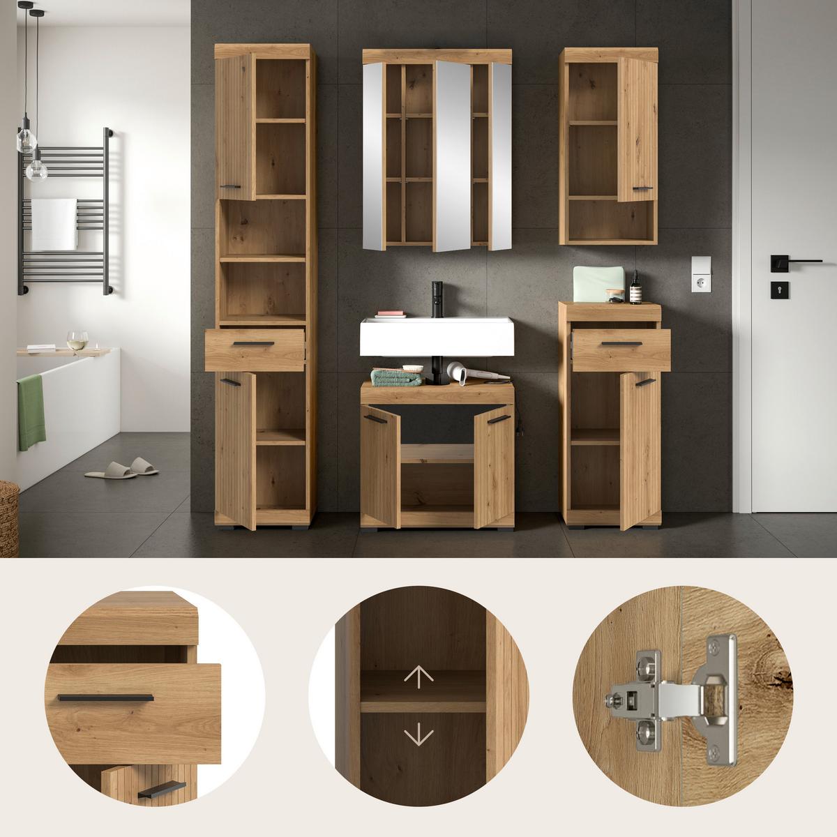 Badezimmer Scout Eiche Artisan Dekor B: 134cm - Schwarz/Eiche Artisan, Trend, Glas/Holzwerkstoff (134cm) - MID.YOU