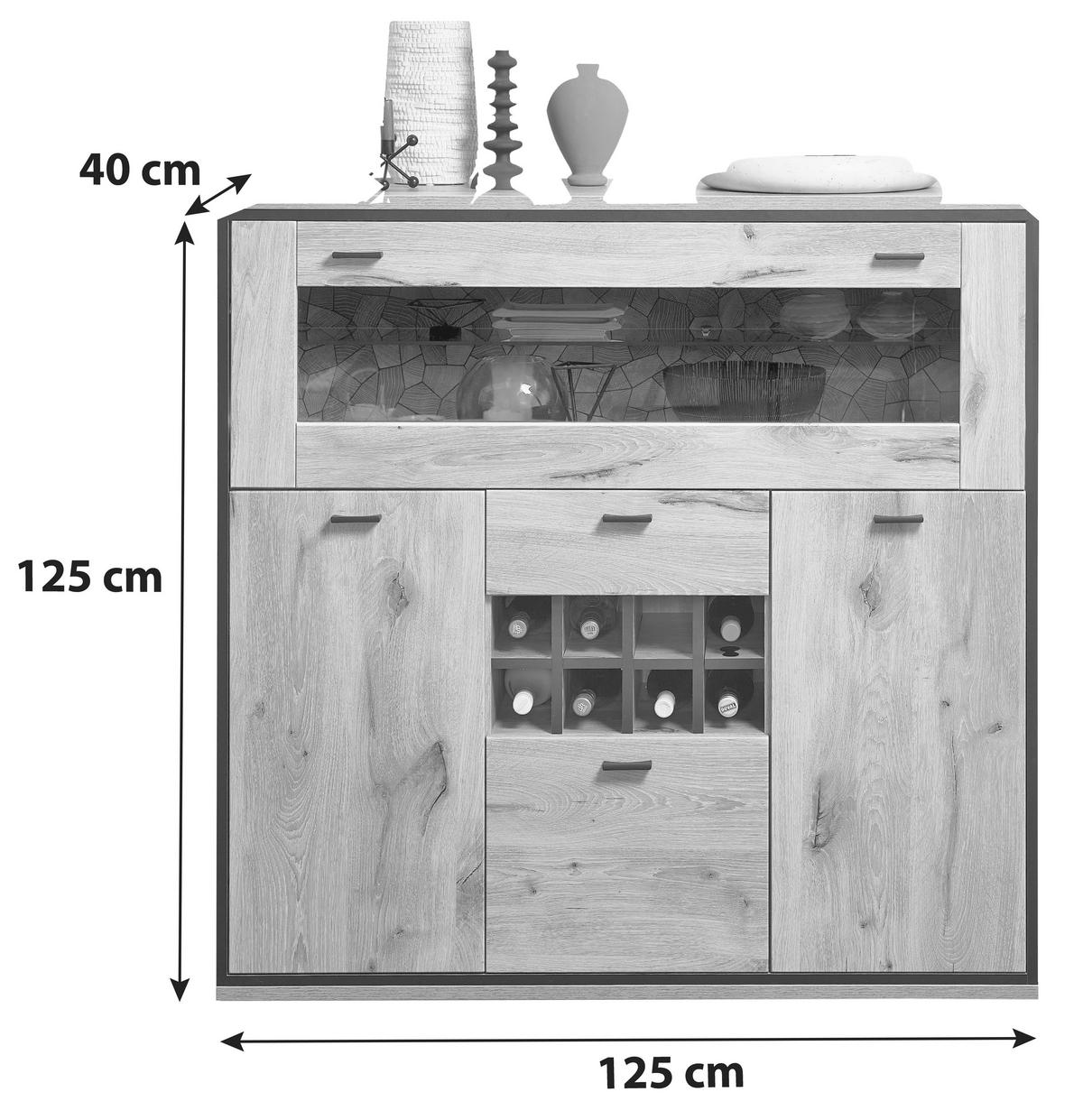 Highboard Ruben - Eichefarben/Schwarz, KONVENTIONELL, Glas/Holzwerkstoff (125/125/40cm) - Livetastic