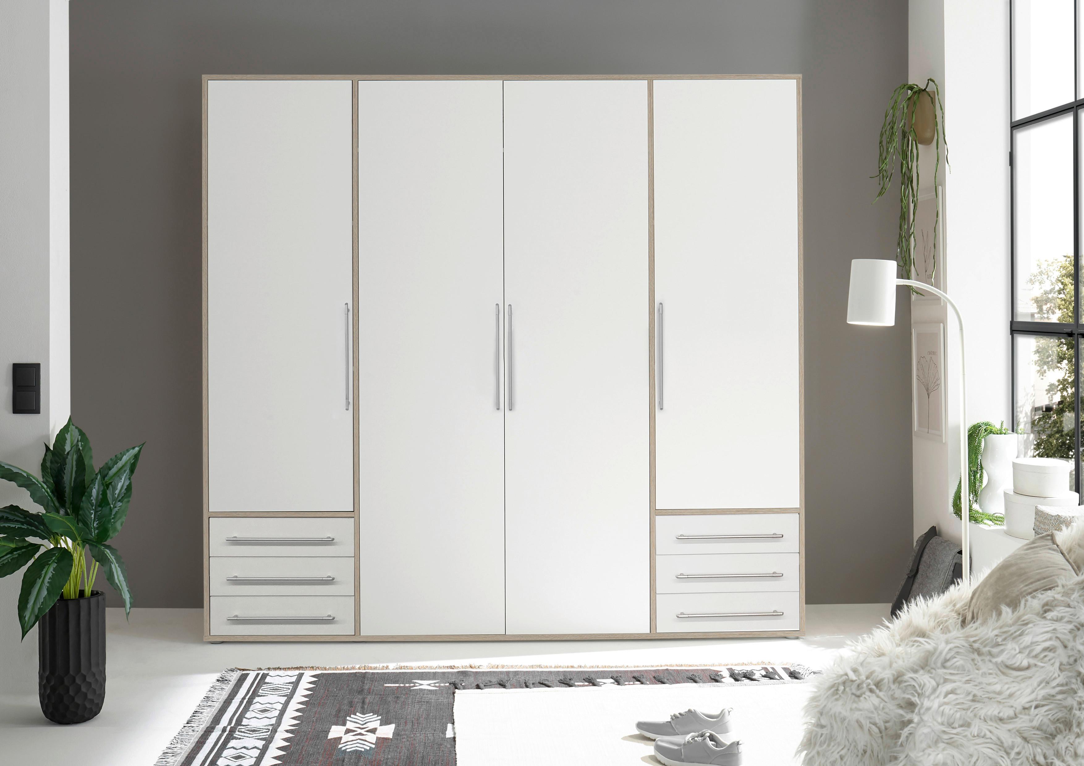 Drehtürenschrank mit Laden 206cm Lyss Weiß/Eiche Dekor - Weiß/Eiche San Remo, MODERN, Holzwerkstoff (206/194/58cm) - Livetastic