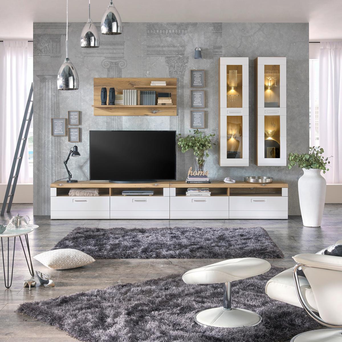 Wohnkombination 5-Tlg. Auris, Weiß/Eiche Dekor - Eichefarben/Weiß, MODERN, Glas/Holzwerkstoff (326,4/204,2/49,6cm) - Luca Bessoni