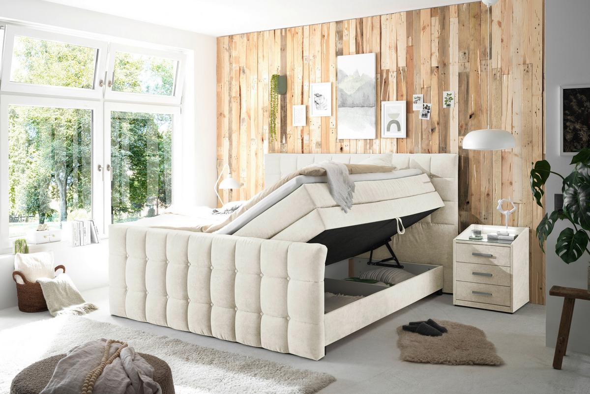 Boxspringbett mit Topper & Bettkasten 180x200 Mendoza - Creme/Schwarz, MODERN, Holzwerkstoff/Textil (180/200cm) - MID.YOU