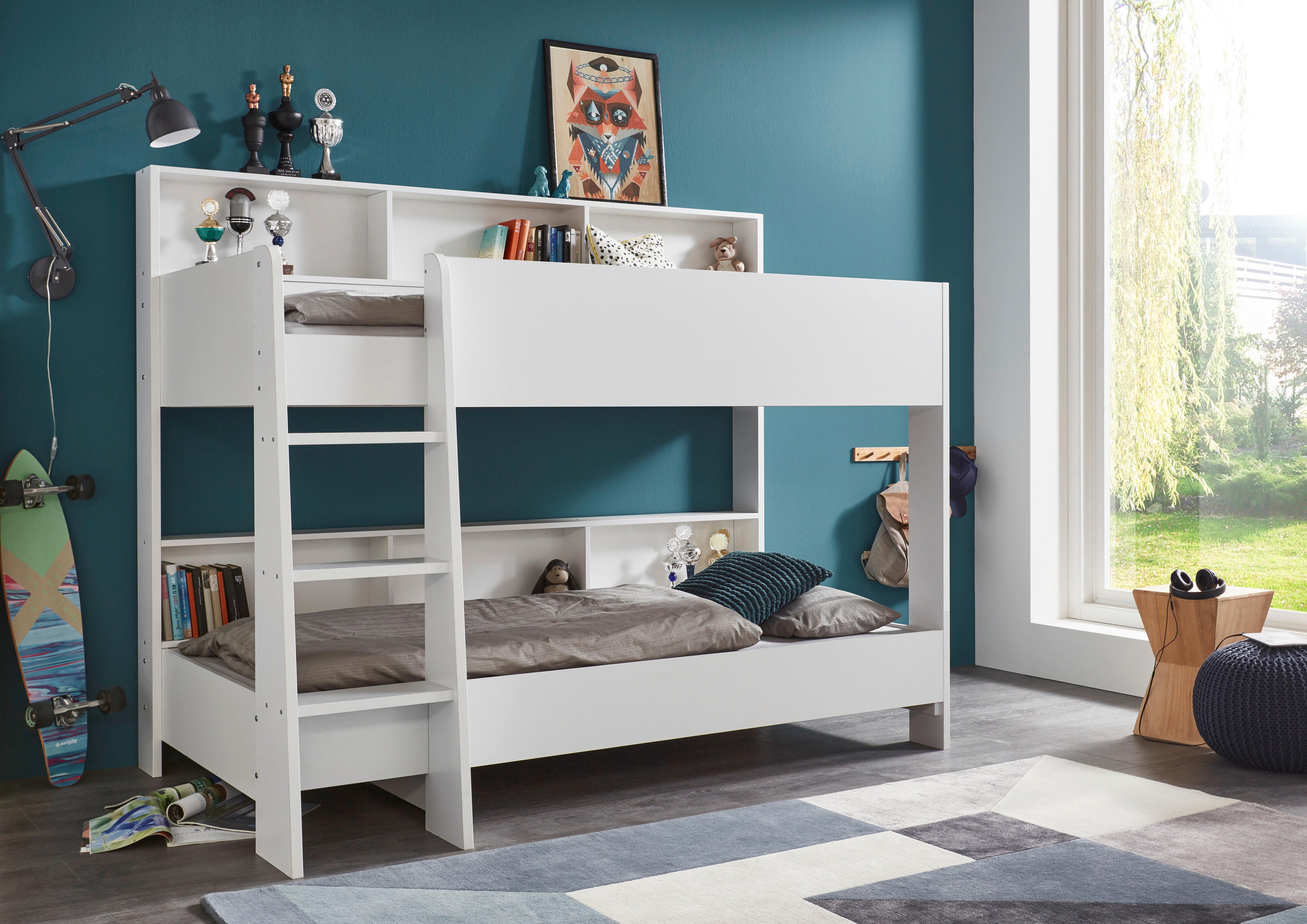 Etagenbett Sway Weiß mit Leiter + Regale - Weiß, Basics, Holzwerkstoff (90/200cm)