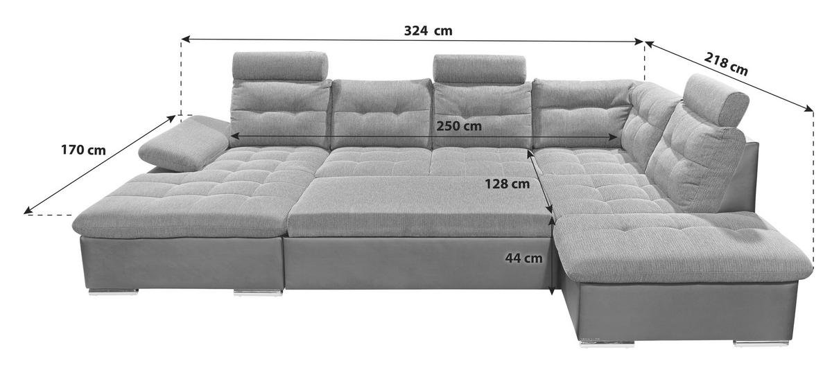 Wohnlandschaft Jakarta Mit Schlaffunktion Grau/schwarz - Chromfarben/Schwarz, Design, Textil (170/324/218cm) - MID.YOU