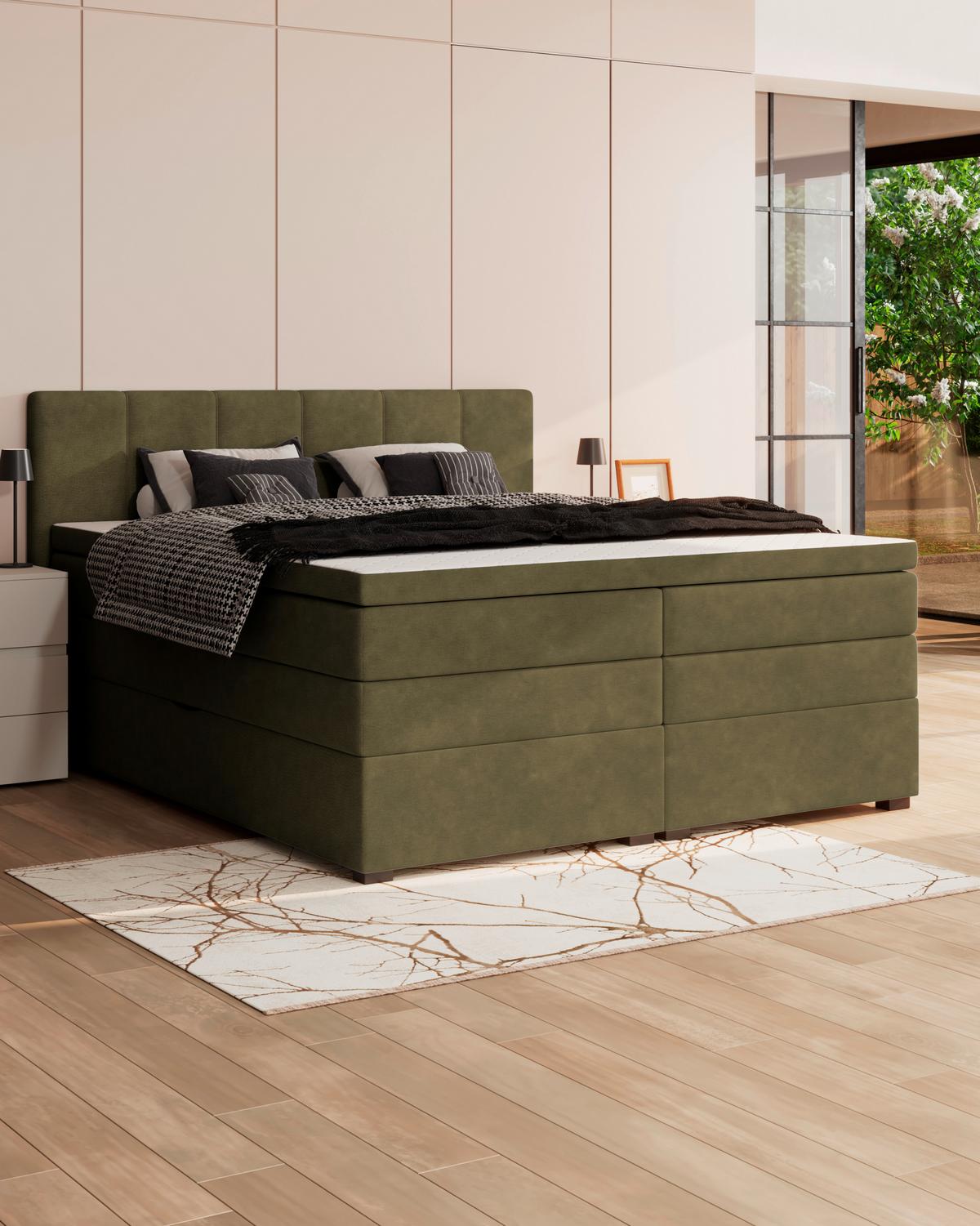 Boxspringbett mit Topper & Bettkasten 200x200 Lauro - Schwarz/Grün, Trend, Textil (200/200cm)