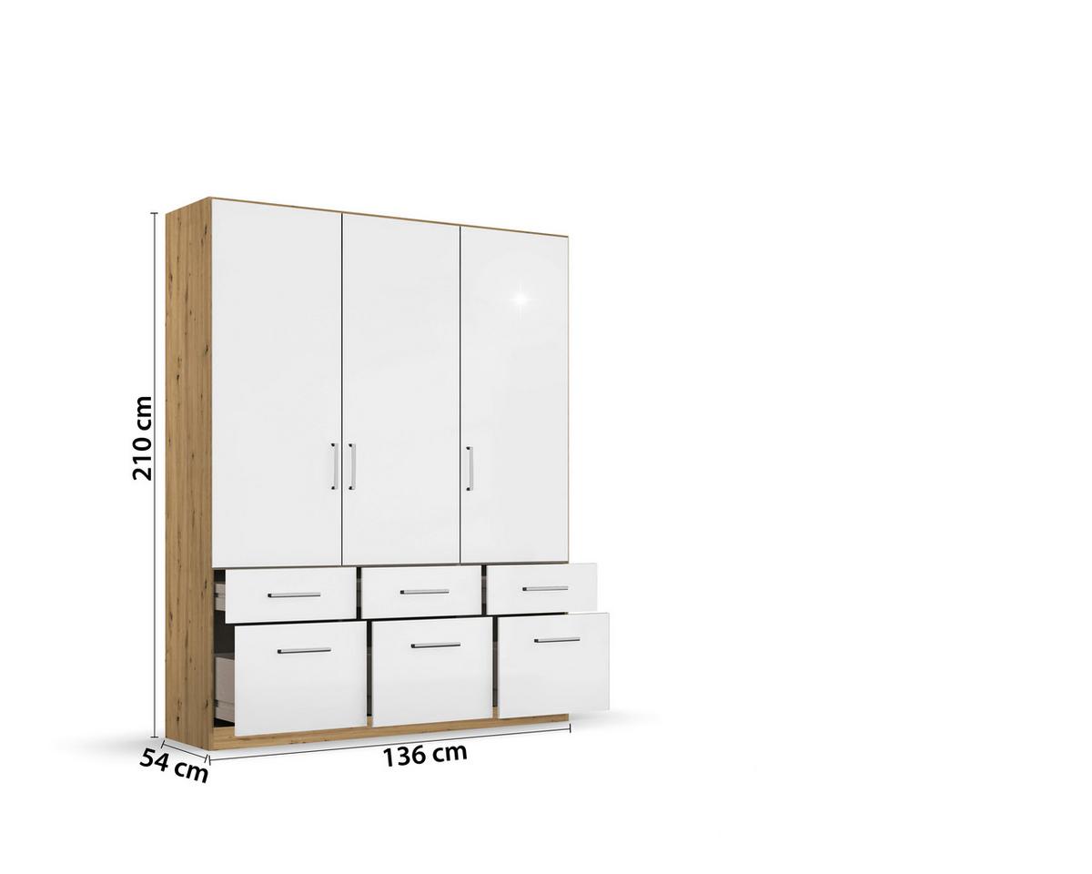 Drehtürenschrank 136 cm Berlin Eiche Dekor/Weiß - Weiß Hochglanz/Eiche Artisan, MODERN, Holzwerkstoff (136/210/54cm) - Rauch Möbel