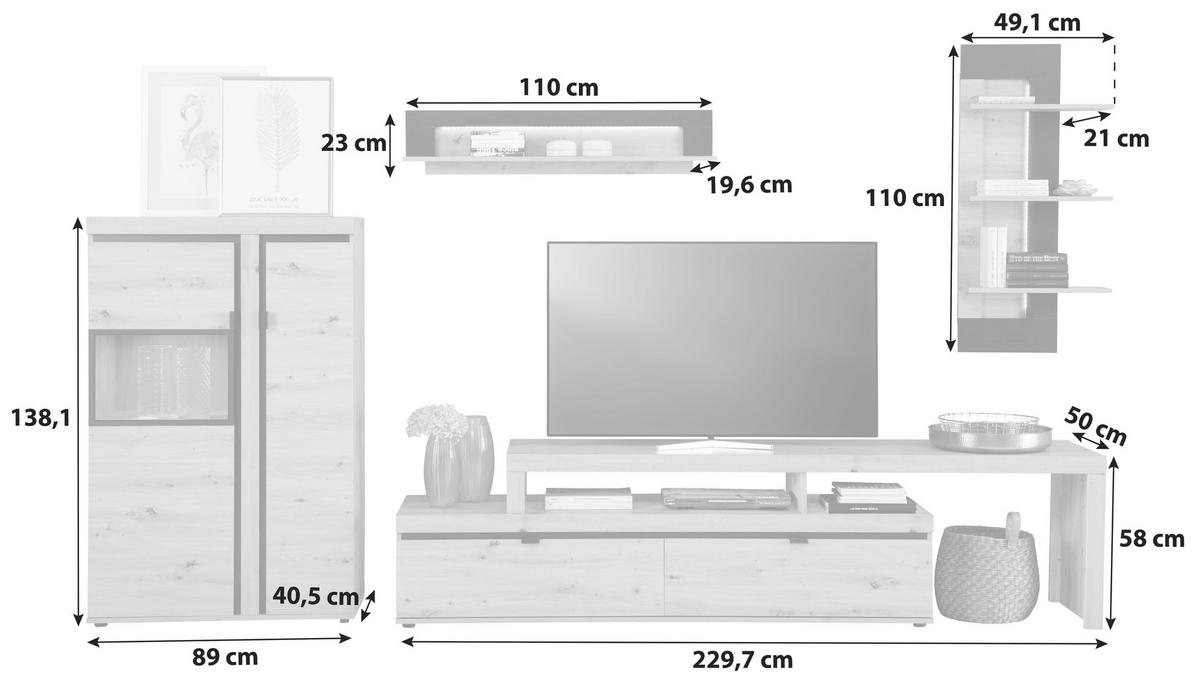 Wohnkombination 4-tlg. Mit Led Nyon, Eiche Dekor/schwarz - Eichefarben/Schwarz, MODERN, Glas/Holzwerkstoff (318,7/200,1/50cm)