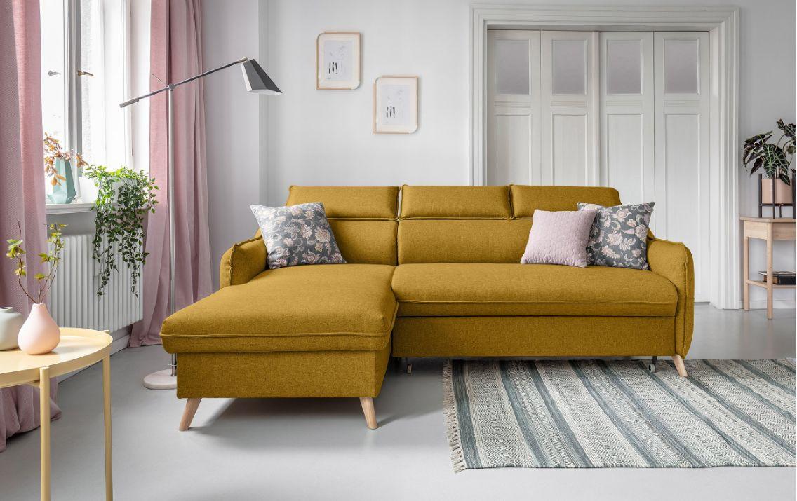 Rozkladacia sedačka Simone, ľavé prevedenie - horčicovožltá/prírodná farba, Modern, drevo/textil (228/82/95/162cm)
