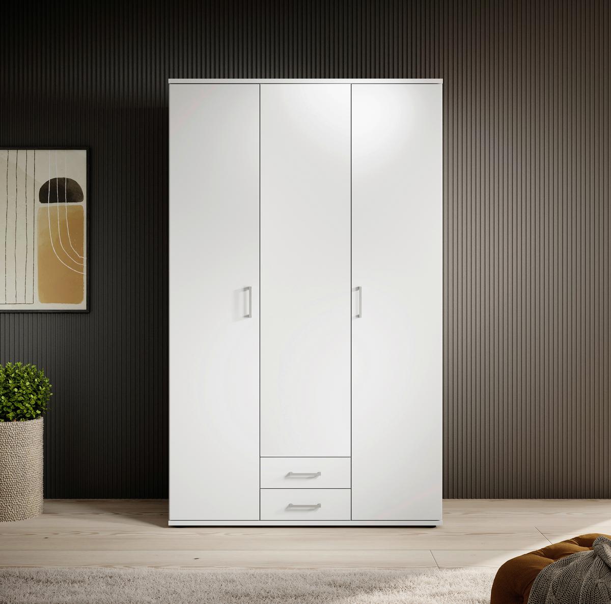 Drehtürenschrank Mit 2 Laden 120 Cm Paul, Weiß 3-Türig - Weiß, Basics, Glas/Holzwerkstoff (120/196/54cm)