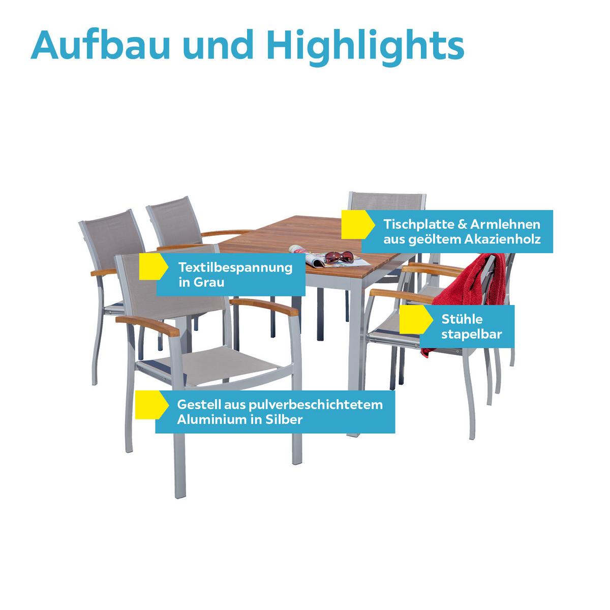 Gartengarnitur 7-tlg. Naxos Akazie/aluminium - Silberfarben/Grau, ROMANTIK / LANDHAUS, Holz/Textil - Gardenson
