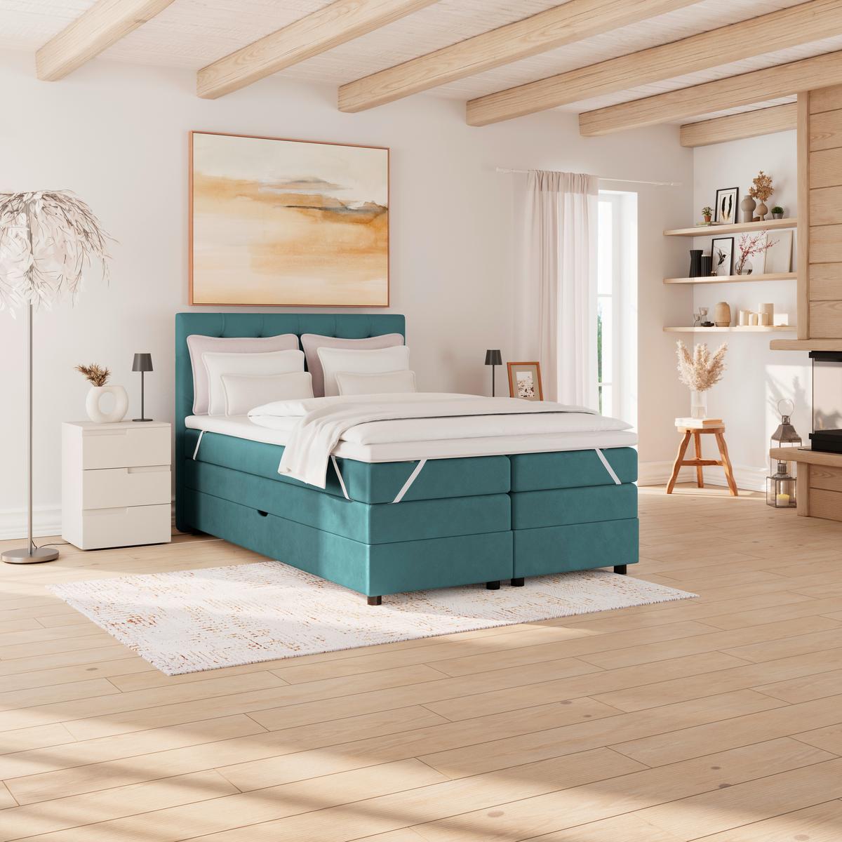 Boxspringbett Elio Petrol 140x200 Cm H3/h4 - Petrol/Schwarz, ROMANTIK / LANDHAUS, Textil (144/121/212cm) - James Wood