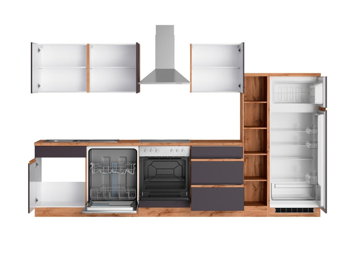 Küchenzeile Turin mit Geräte B: 330cm Grau/Wotaneiche Dekor - Eiche Wotan/Grau, Design, Holzwerkstoff (330cm) - Held