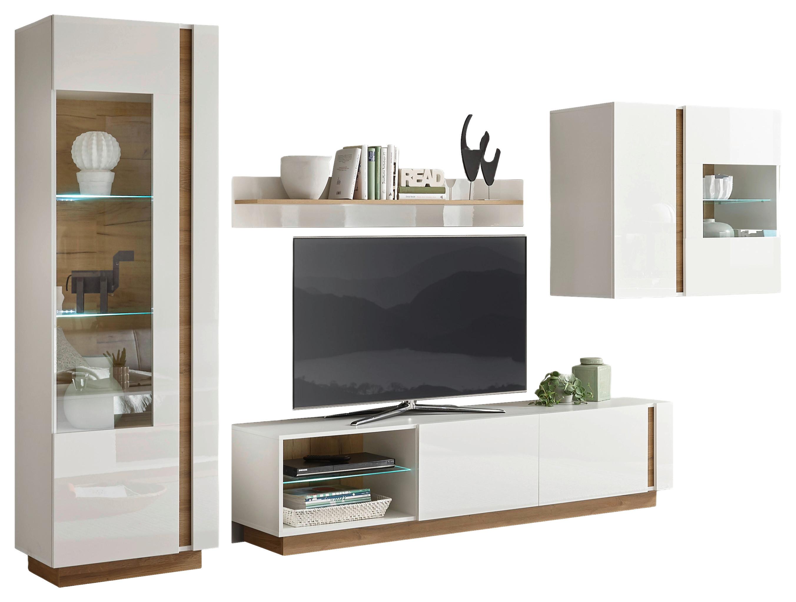 Wohnwand Clair Weiß/Eichefarben B: 315cm - Eichefarben/Weiß, Design, Glas/Holzwerkstoff (315/194/40cm) - MID.YOU