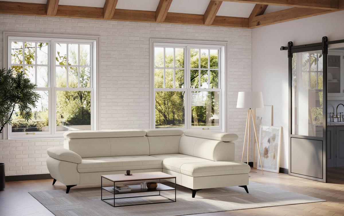 Ecksofa mit Bettfunktion Hudson, Chenille beige - Beige/Schwarz, KONVENTIONELL, Textil (256/207cm) - Sembella
