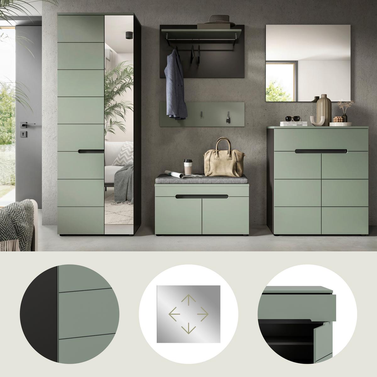 Garderobe Canu 5-Teilig Grau/Grün B: 255 cm - Graugrün/Grau, Design, Holzwerkstoff (255/190/37cm) - Livetastic