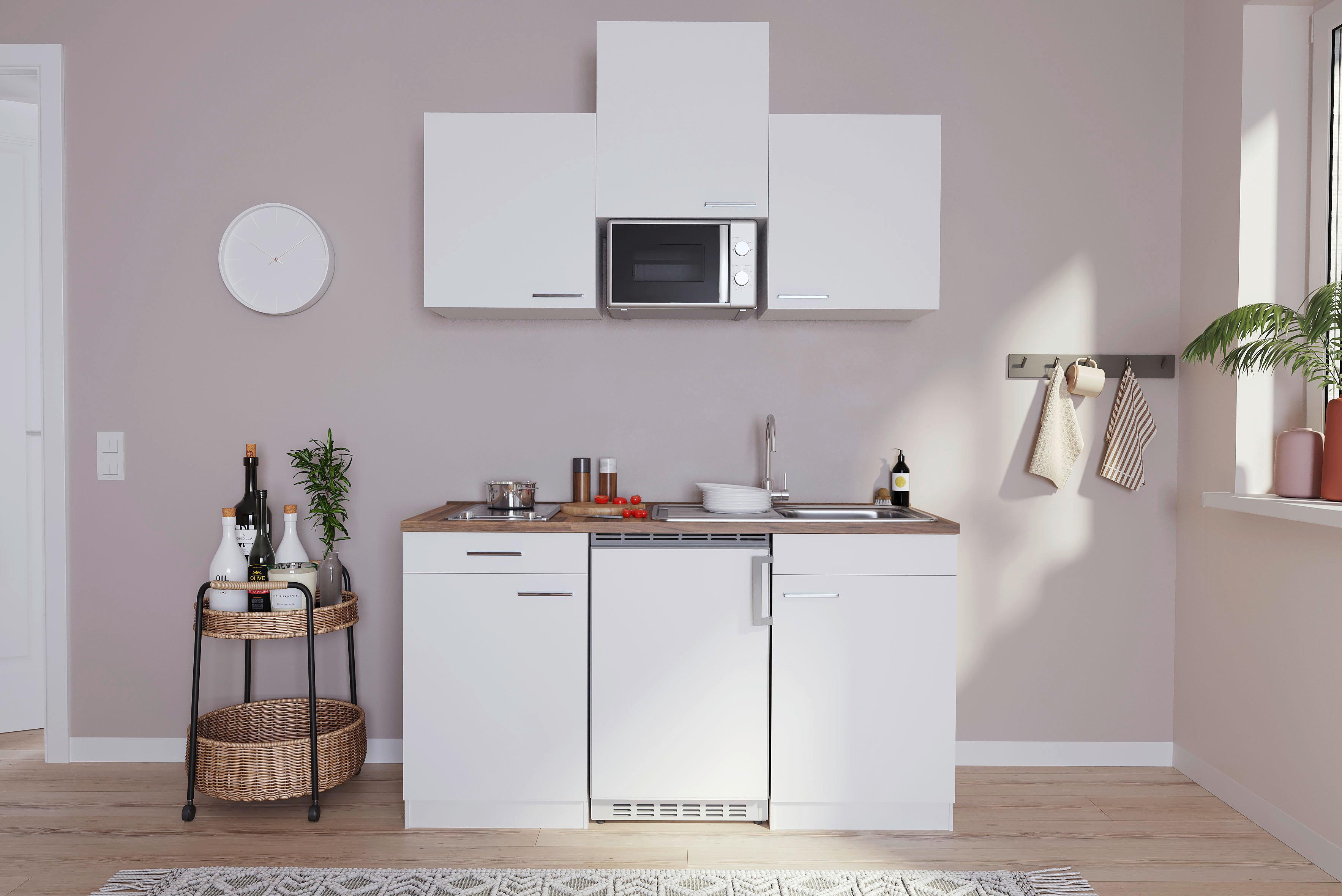 Miniküche Economy m. Geräten 150 cm Weiß/ Nussbaum Dekor - Nussbaumfarben/Weiß, Basics, Holzwerkstoff (150cm) - Respekta
