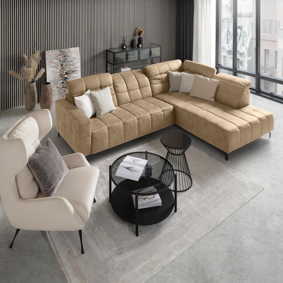 Rohová sedačka PANAMA, pravá, béžová - černá/béžová, Konvenční, kov/textil (304/216cm) - Premium Living