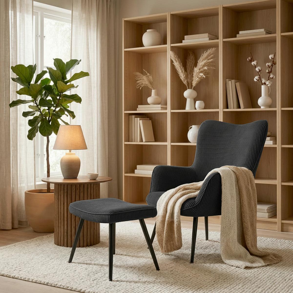 Kreslo s taburetkou AURORA, čierny menčester, max. 120 kg - čierna, Modern, kov/drevo (68/98/74cm) - Bessagi Home