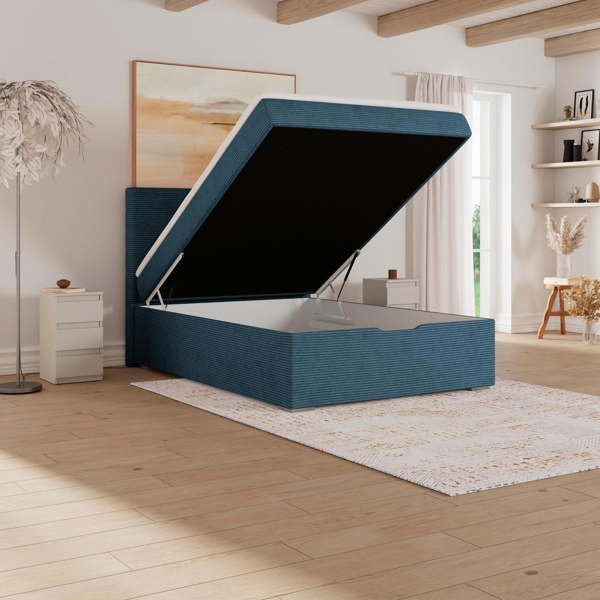 Čalúnená posteľ ADRIA 140x200 cm, tmavomodrá - modrá/chrómová, Konventionell, drevo/textil (140/200cm)