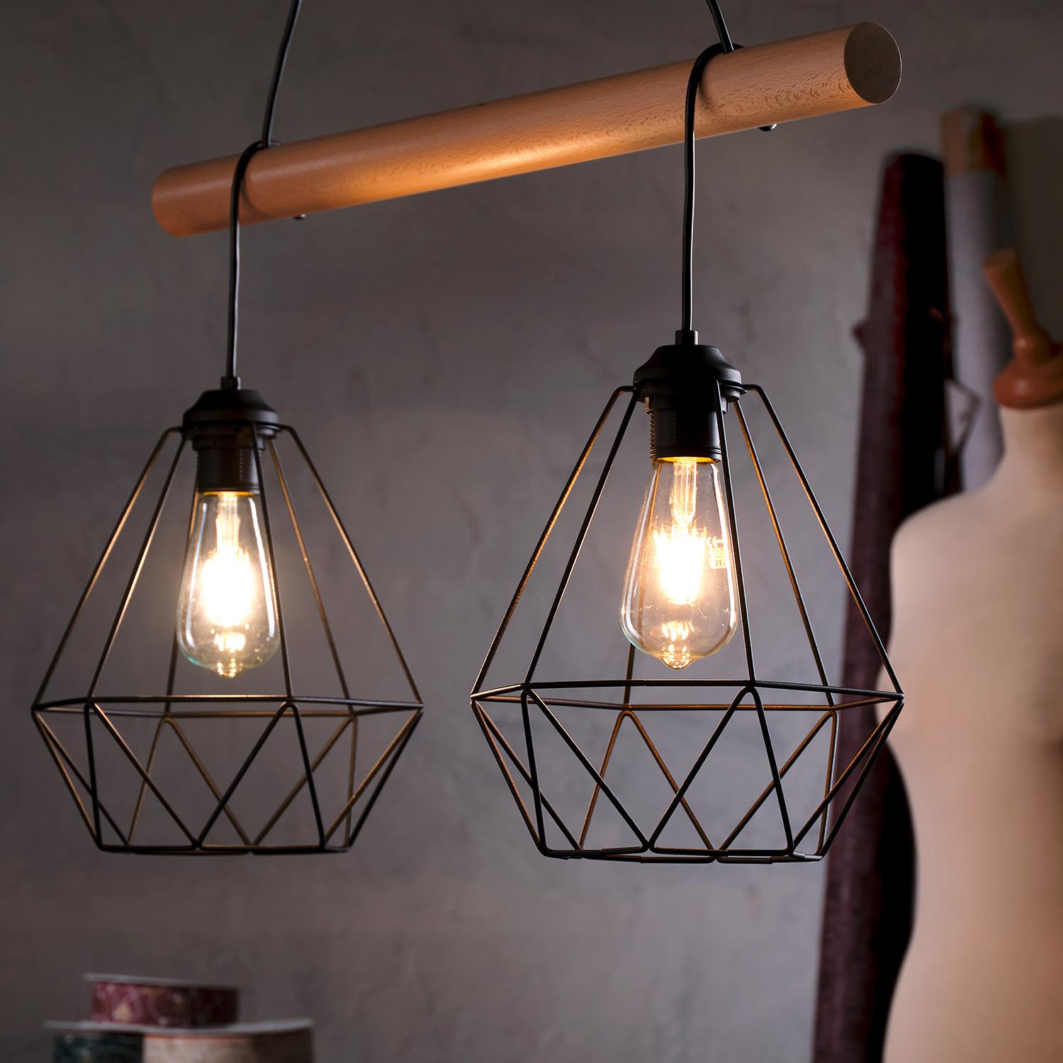 Hängeleuchte 5016/2g - Hellbraun/Schwarz, Basics, Holz/Metall (60/24/90cm)