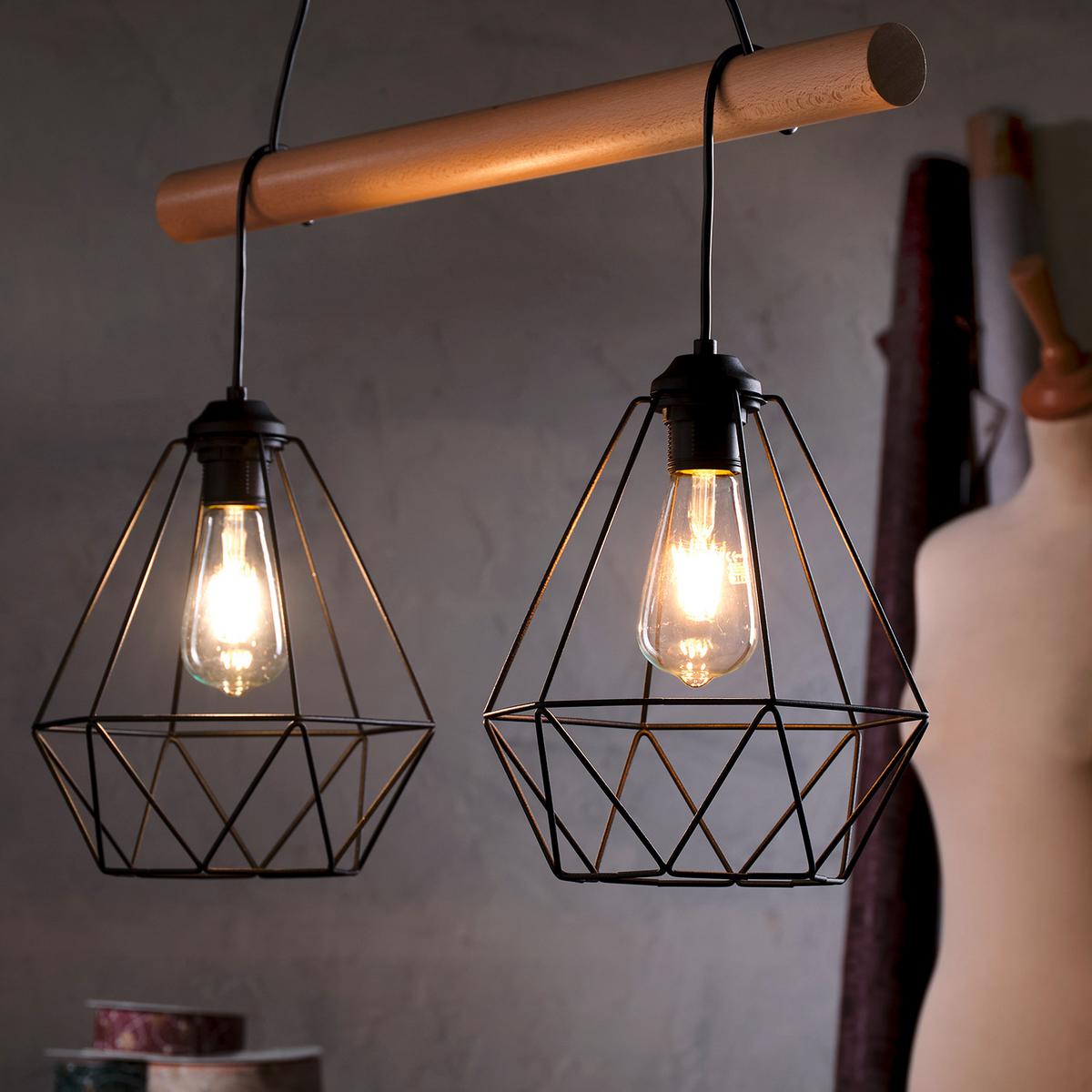 Hängeleuchte 5016/2g - Hellbraun/Schwarz, Basics, Holz/Metall (60/24/90cm)