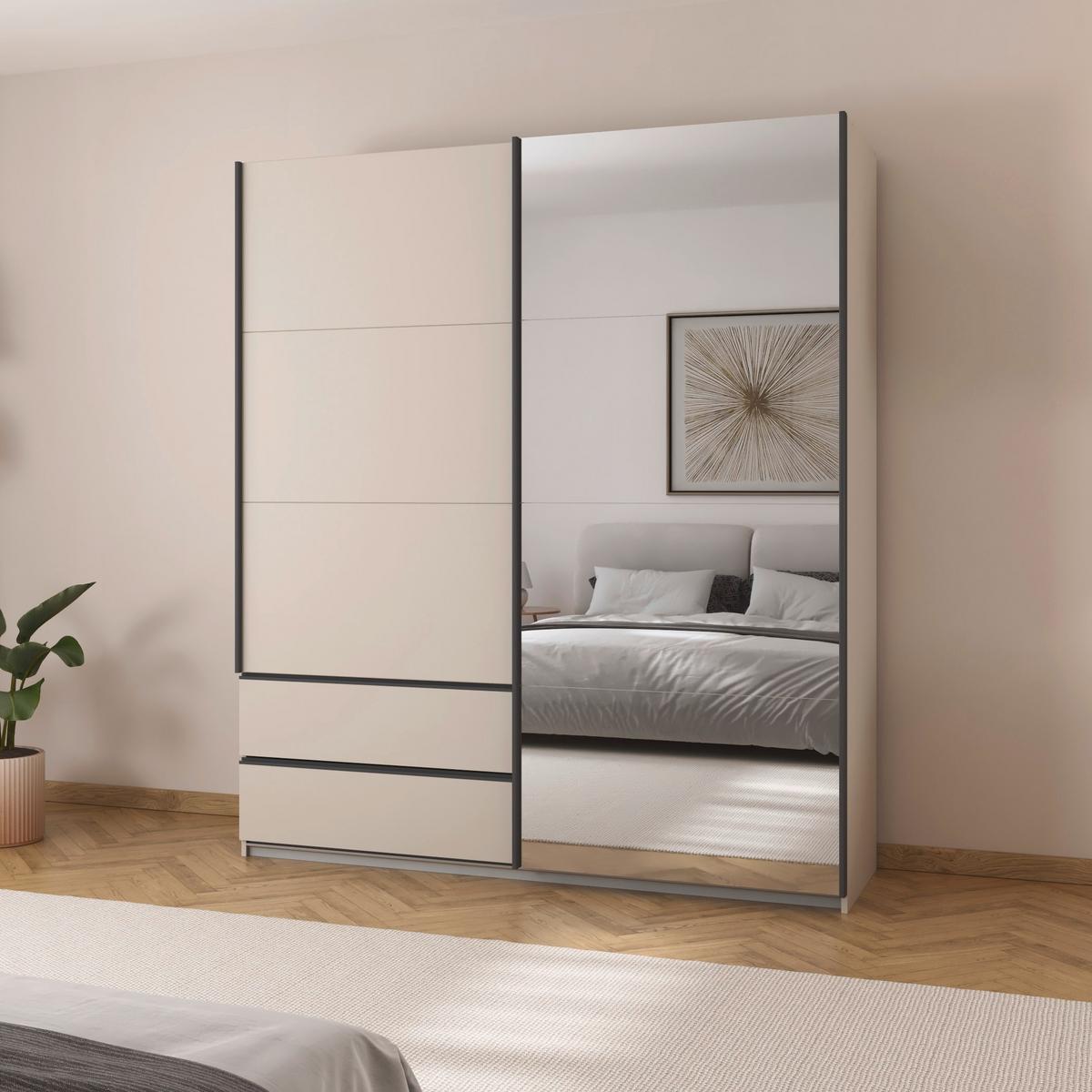 Skříň s posuvnými dveřmi ELARA šampaňská/zrcadlo,š. 181 cm - šedá/šampaňská, Konvenční, kov/kompozitní dřevo (181/210/62cm) - Premium Living