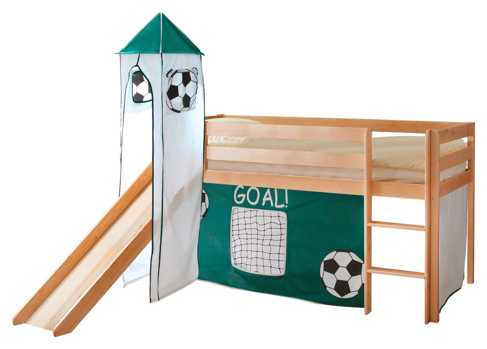 Vyvýšená postel KASPER závěs zelený - barvy borovice/zelená, Natur, dřevo (90/200cm) - MID.YOU