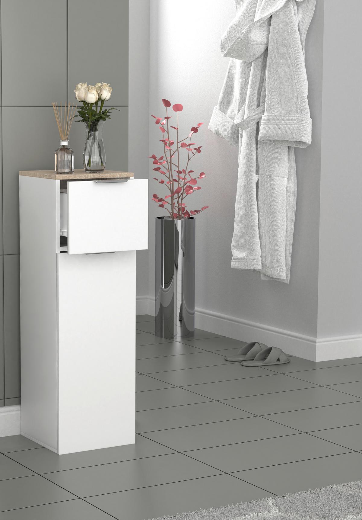 Highboard Donali Weiß/Eiche Dekor B:30cm - Weiß/Sonoma Eiche, MODERN, Holzwerkstoff (30/95/30cm) - MID.YOU