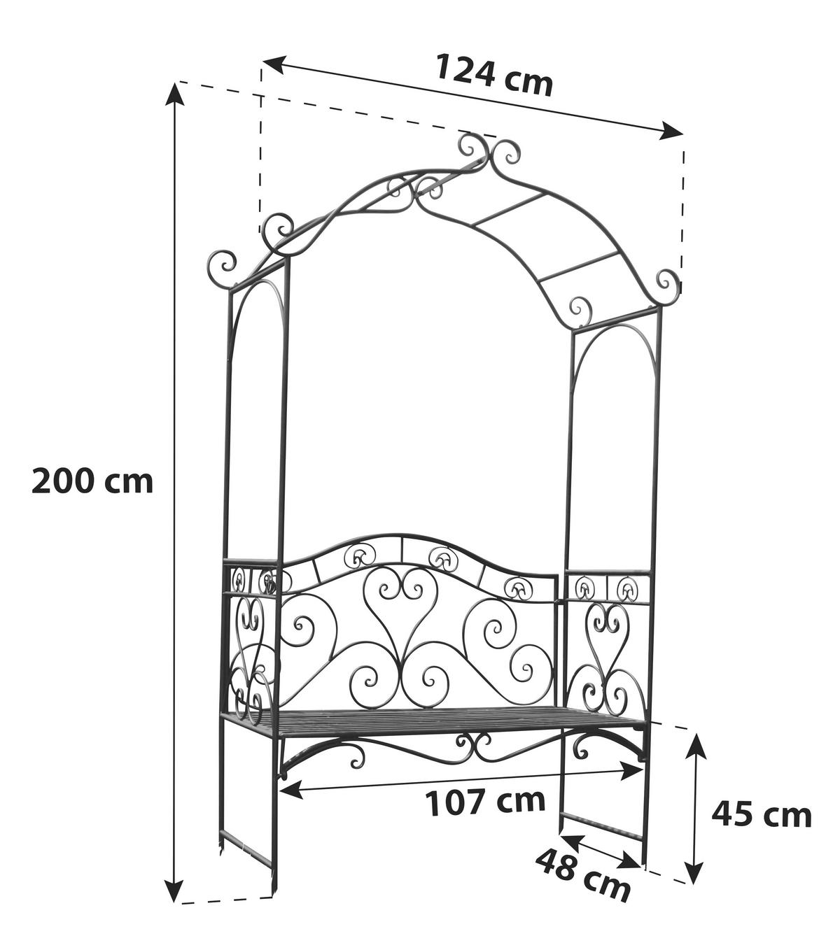 Gartenbank Stahl 2-Sitzer Colima mit Rosenbogen - Schwarz, MODERN, Metall (124/200/48cm)