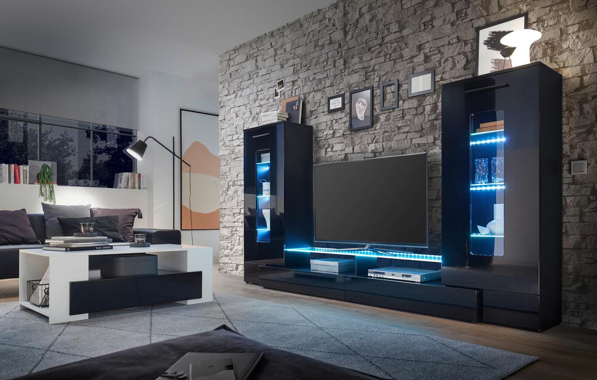 Wohnwand 3-Tlg. mit Led Jupiter Schwarz - Schwarz Hochglanz/Schwarz, KONVENTIONELL, Glas/Holzwerkstoff (265/147/40cm) - MID.YOU