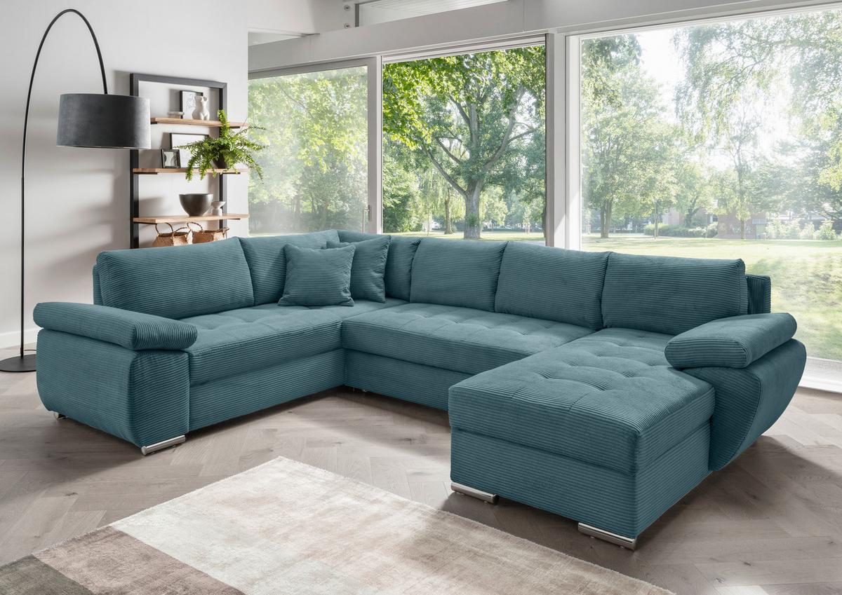 Wohnlandschaft Terana mit Schlaffunktion, Petrol - Chromfarben/Petrol, KONVENTIONELL, Textil (219/305/157cm) - Livetastic