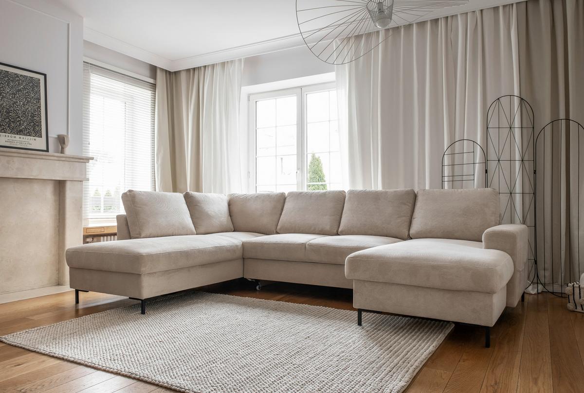 Sedačka LEONIE U, levá, béžový manšestr - černá/béžová, Design, kov/dřevo (197/303/148cm)