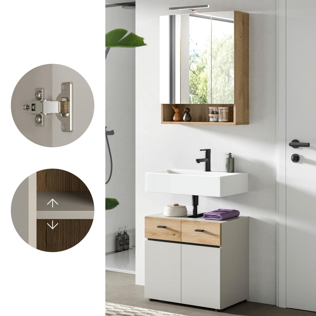 Badezimmer Aqua Kaschmir/Eichefarben B: 60cm - Kaschmir/Eichefarben, Trend, Glas/Holzwerkstoff (60cm) - MID.YOU