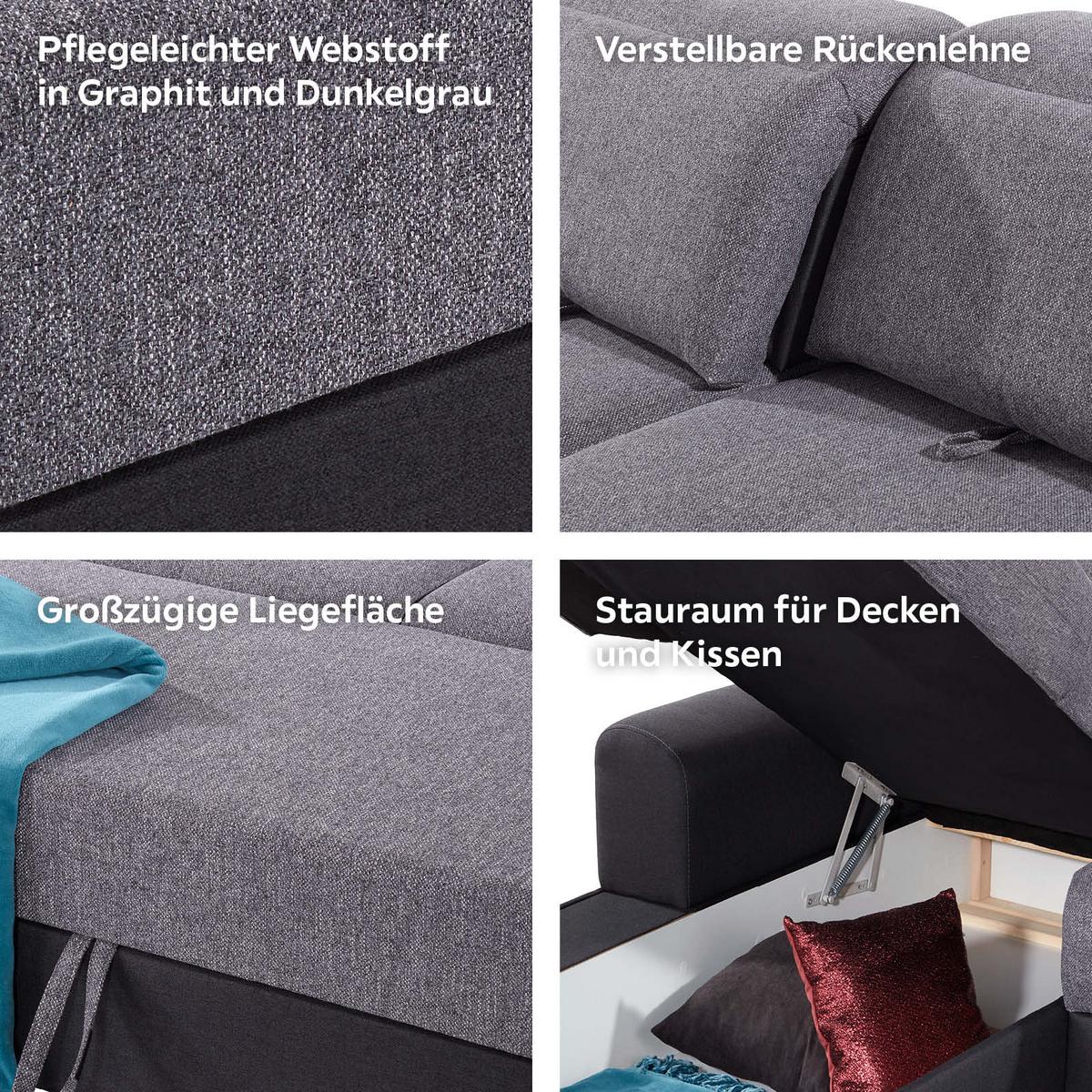 Ecksofa Mit Schlaffunktion + Bettkasten Malaga, Webstoff - Silberfarben/Graphitfarben, KONVENTIONELL, Textil (203/286cm) - Ondega