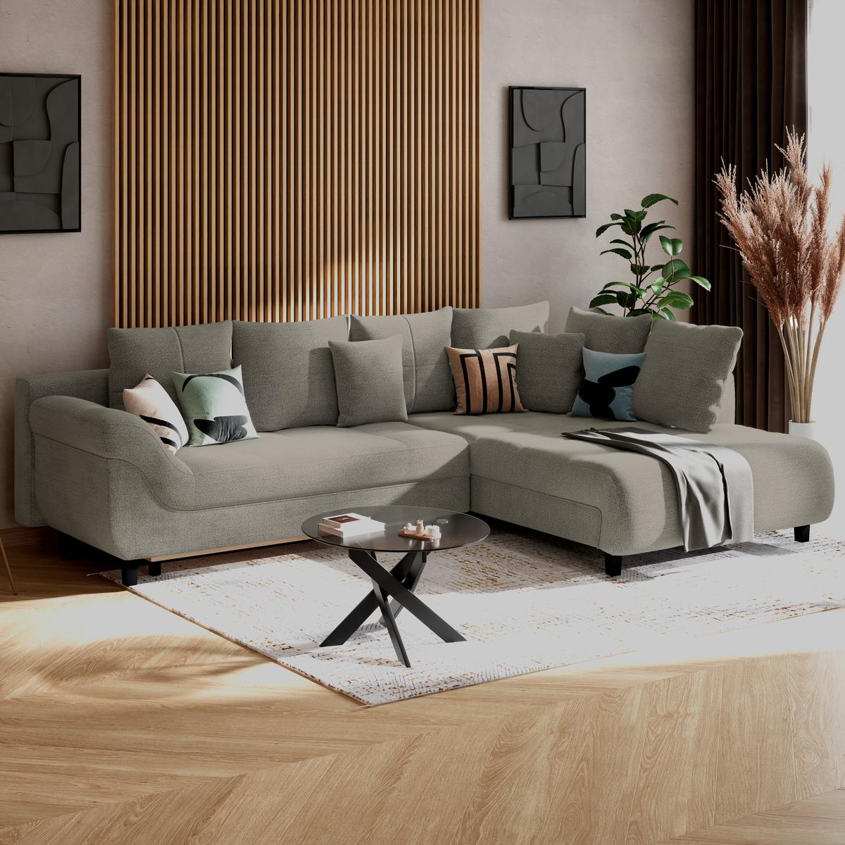 Ecksofa mit Schlaffunktion Mendoza New Chenille 309x197cm - Sandfarben/Schwarz, KONVENTIONELL, Textil (309/197cm) - Ondega